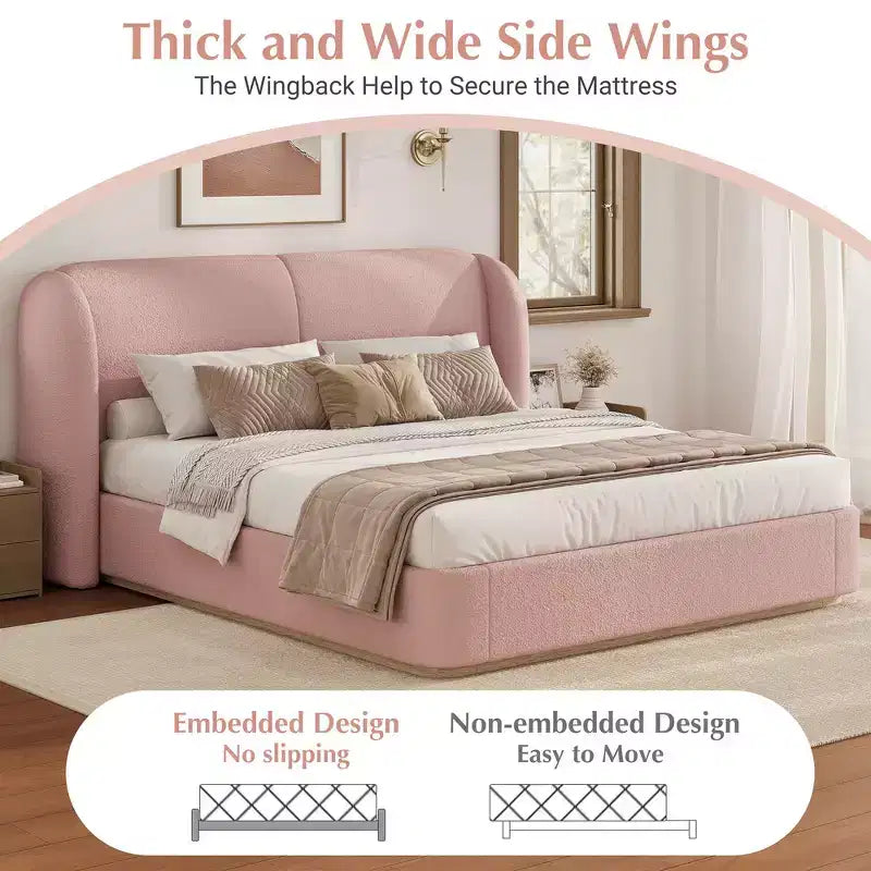 Cadre de lit King moderne avec tête de lit double oreiller, rembourré, tissu bouclé doux, design latéral ailé, lattes en bois massif