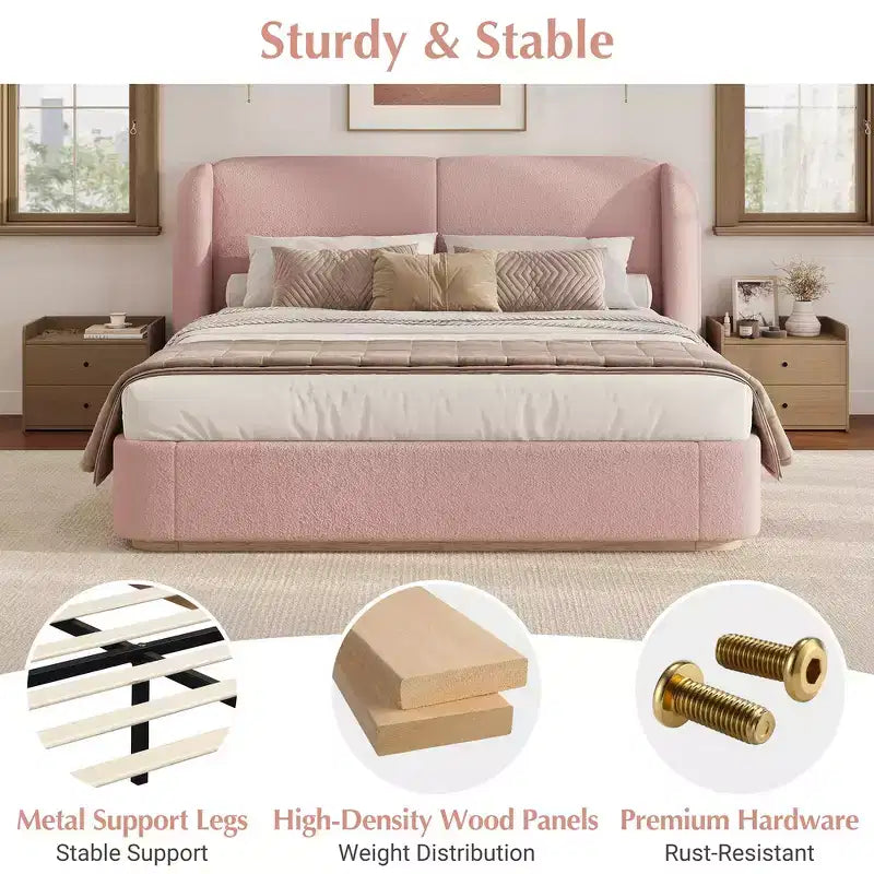 Cadre de lit King moderne avec tête de lit double oreiller, rembourré, tissu bouclé doux, design latéral ailé, lattes en bois massif