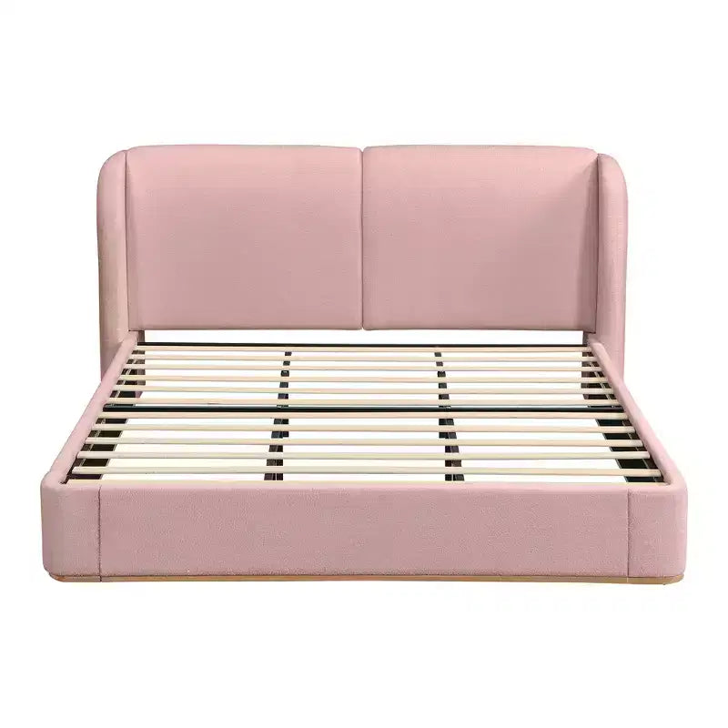 Cadre de lit King moderne avec tête de lit double oreiller, rembourré, tissu bouclé doux, design latéral ailé, lattes en bois massif