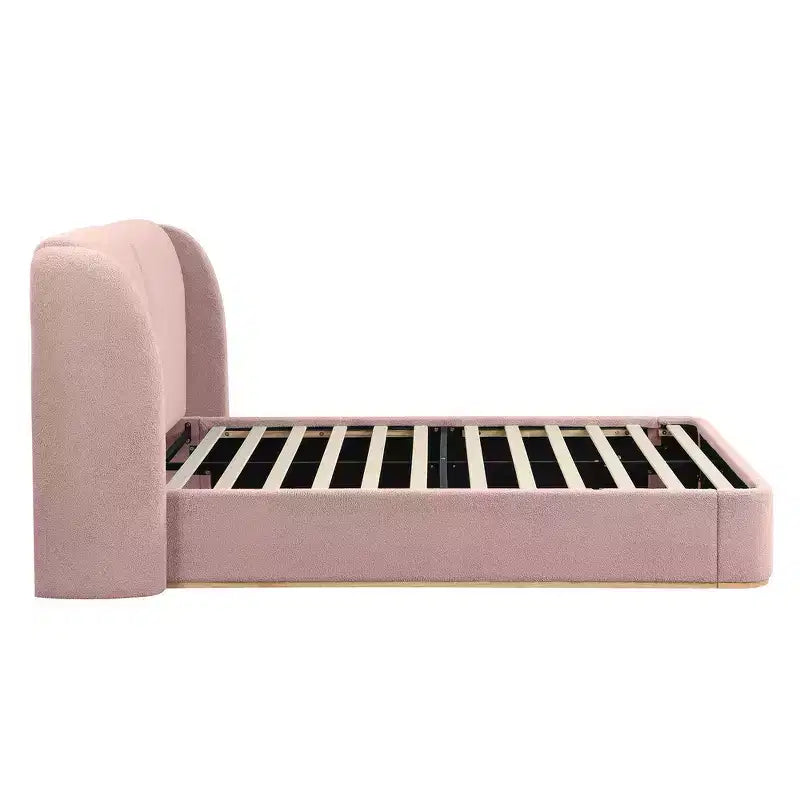 Cadre de lit King moderne avec tête de lit double oreiller, rembourré, tissu bouclé doux, design latéral ailé, lattes en bois massif