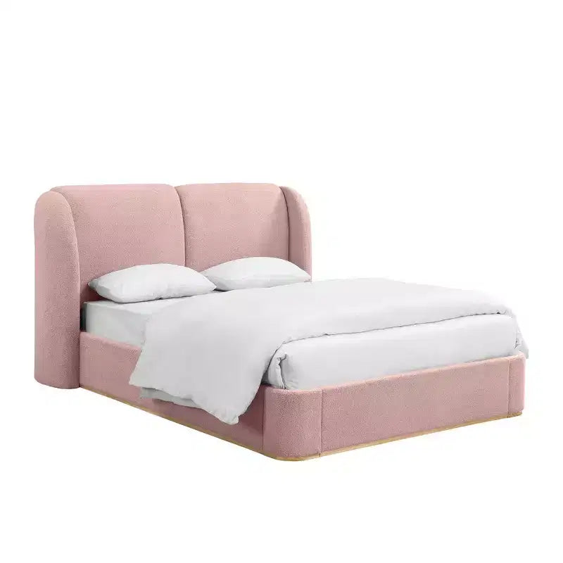 Cadre de lit King moderne avec tête de lit double oreiller, rembourré, tissu bouclé doux, design latéral ailé, lattes en bois massif