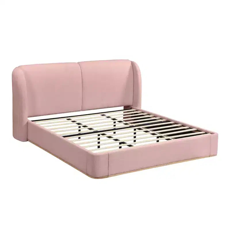 Cadre de lit King moderne avec tête de lit double oreiller, rembourré, tissu bouclé doux, design latéral ailé, lattes en bois massif