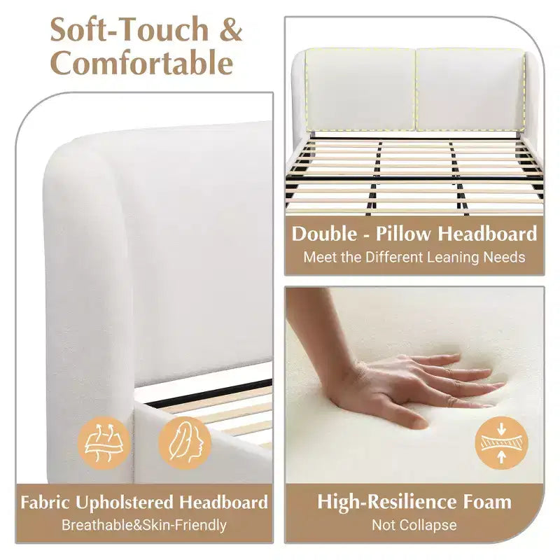 Cadre de lit King moderne avec tête de lit double oreiller, rembourré, tissu bouclé doux, design latéral ailé, lattes en bois massif