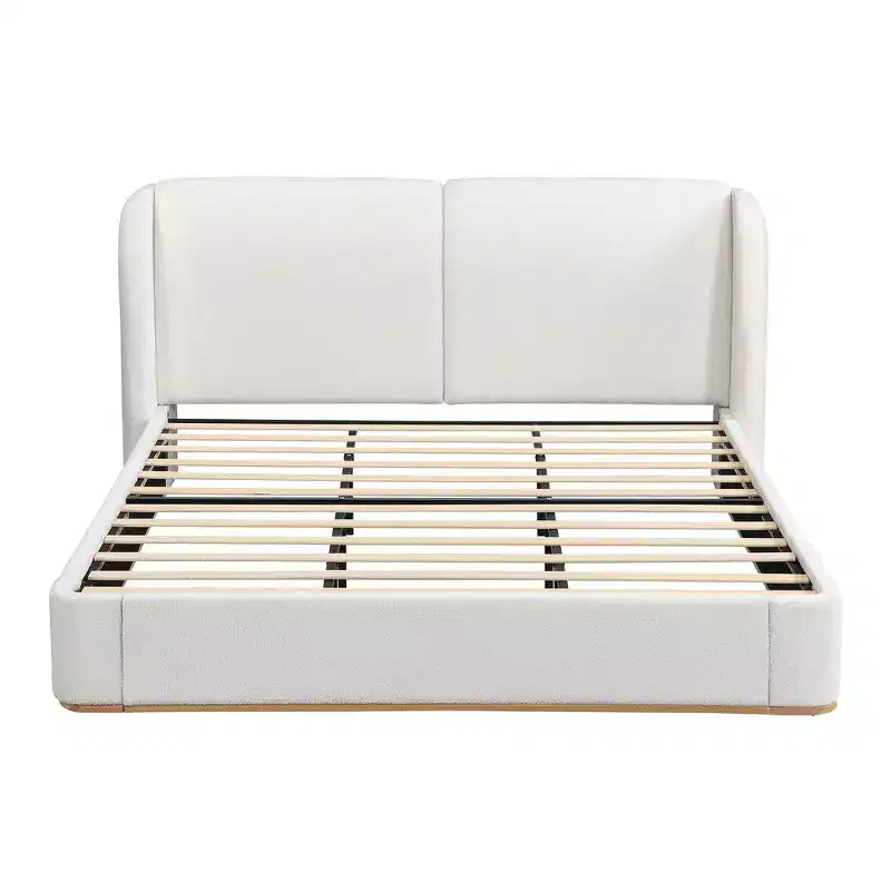 Cadre de lit King moderne avec tête de lit double oreiller, rembourré, tissu bouclé doux, design latéral ailé, lattes en bois massif