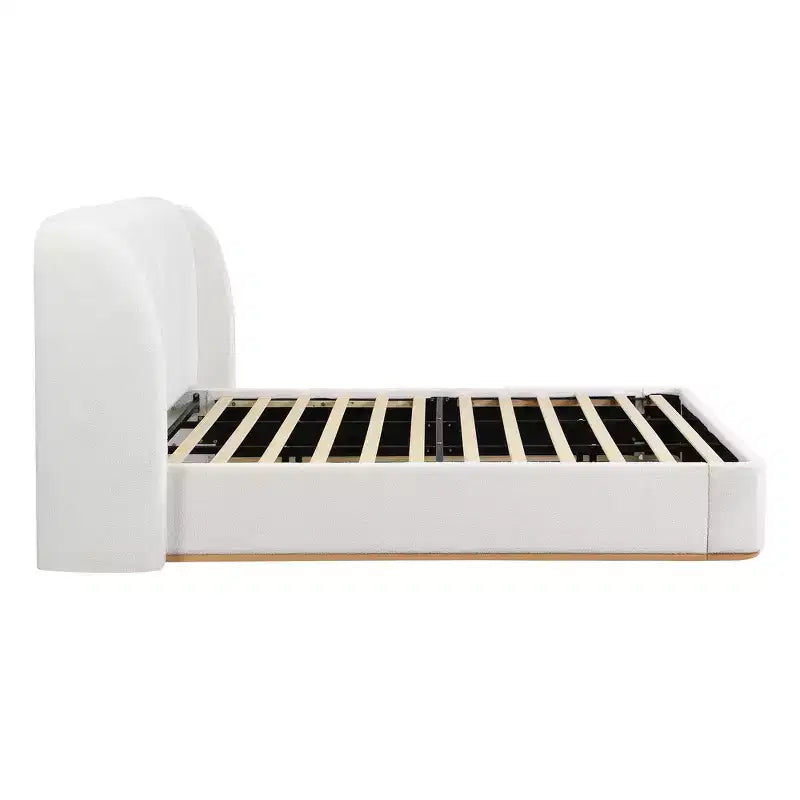 Cadre de lit King moderne avec tête de lit double oreiller, rembourré, tissu bouclé doux, design latéral ailé, lattes en bois massif
