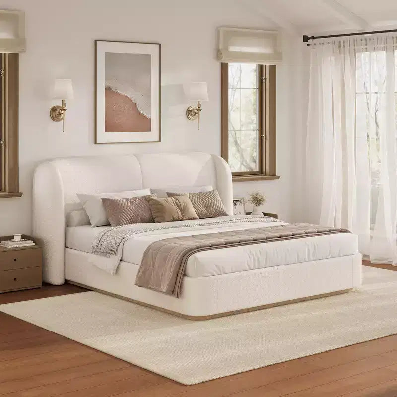 Whisen King Modern Platform Bed Frame with Double Pillow Headboard, Upholstered , Soft Boucle Fabric, Winged Side Design, Solid Wood Slats