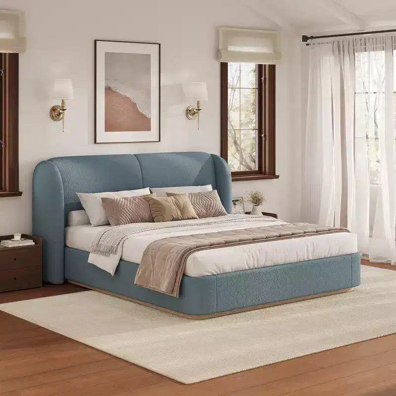 Cadre de lit King moderne avec tête de lit double oreiller, rembourré, tissu bouclé doux, design latéral ailé, lattes en bois massif
