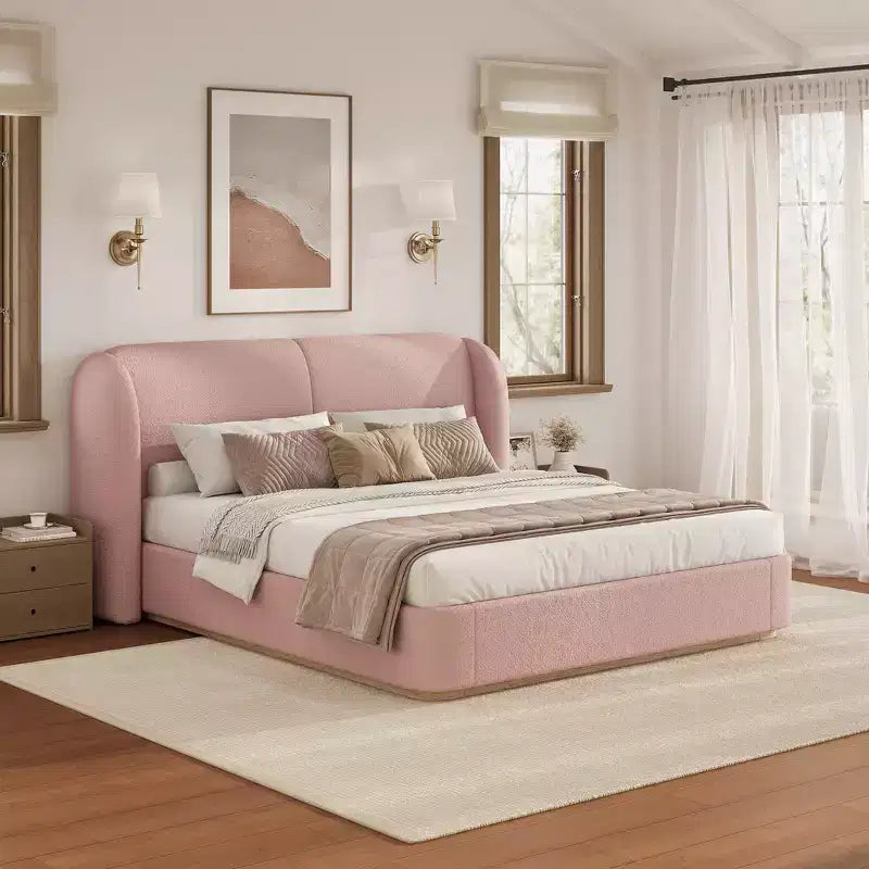 Cadre de lit King moderne avec tête de lit double oreiller, rembourré, tissu bouclé doux, design latéral ailé, lattes en bois massif