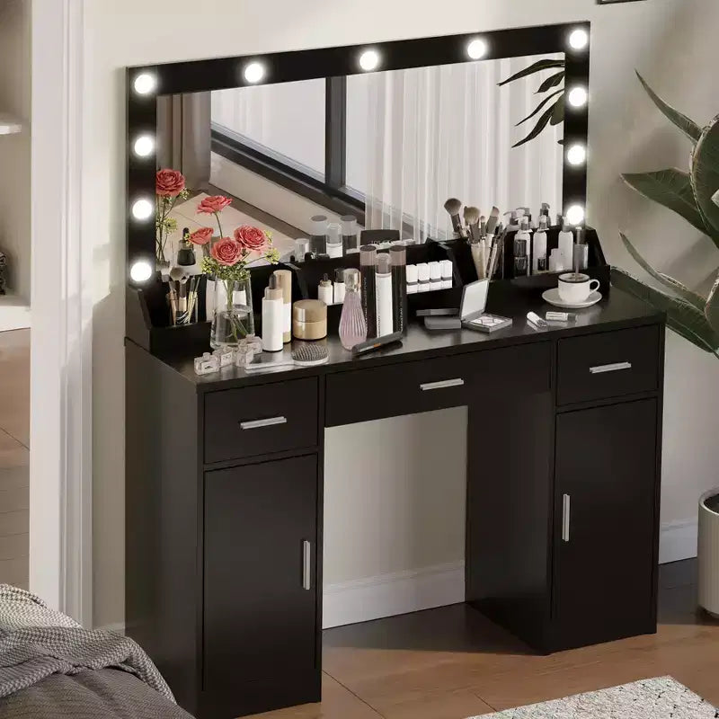 GDFStudio Dentu Modern 47 Wooden Vanity Desk with Mirror, 3 Lighting Modes and 3 Drawers