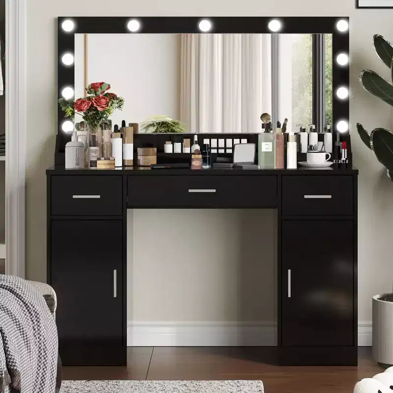Coiffeuse moderne en bois de 119 cm avec miroir, 3 modes d'éclairage et 3 tiroirs