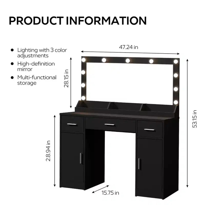 Coiffeuse moderne en bois de 119 cm avec miroir, 3 modes d'éclairage et 3 tiroirs