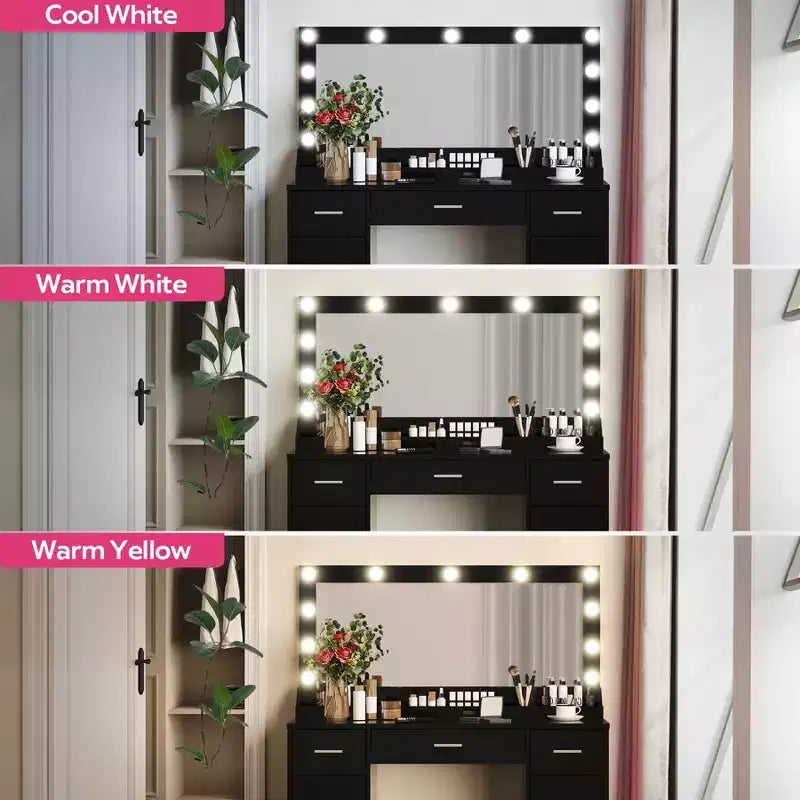 Coiffeuse moderne en bois de 119 cm avec miroir, 3 modes d'éclairage et 3 tiroirs