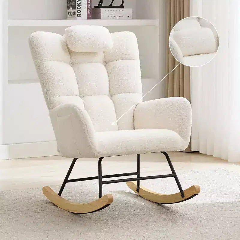 Nursery Rocking Chair with Ottoman, Teddy Upholstered Glider Rocking Chair with High Backrest, Armchair Reading Chair for Adults