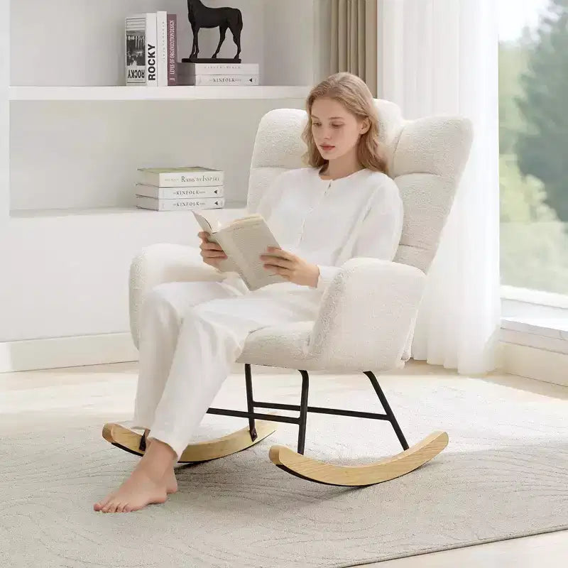 Fauteuil à bascule de puériculture avec pouf, Fauteuil à bascule planeur rembourré en Teddy avec dossier haut, Fauteuil de lecture pour adultes