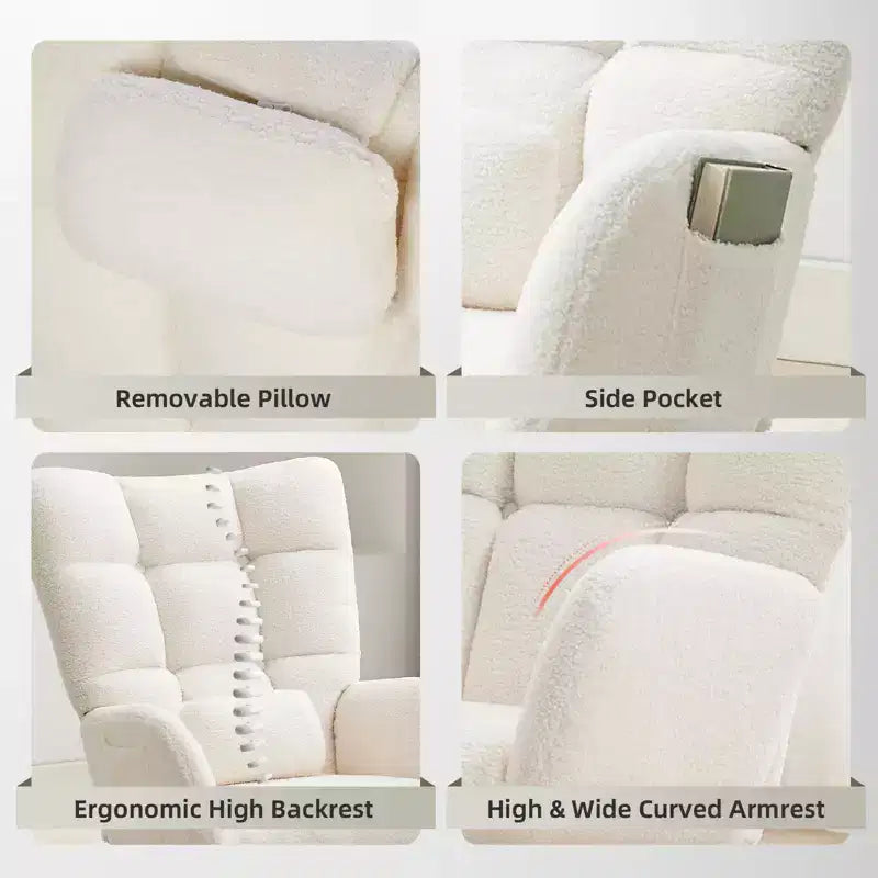 Fauteuil à bascule de puériculture avec pouf, Fauteuil à bascule planeur rembourré en Teddy avec dossier haut, Fauteuil de lecture pour adultes