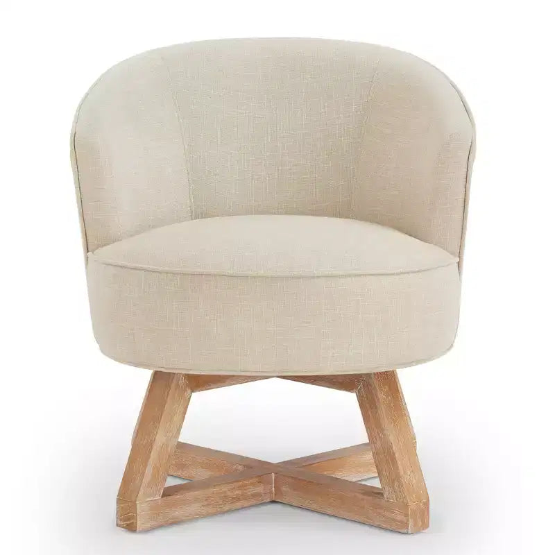 Fauteuil pivotant à 360°, fauteuil de salon en lin avec piètement en bois en croix, fauteuil pour salon, chambre, bureau