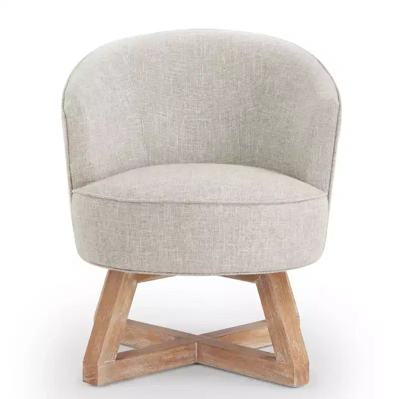 Fauteuil pivotant à 360°, fauteuil de salon en lin avec piètement en bois en croix, fauteuil pour salon, chambre, bureau