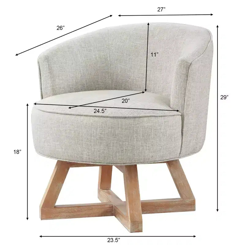 Fauteuil pivotant à 360°, fauteuil de salon en lin avec piètement en bois en croix, fauteuil pour salon, chambre, bureau