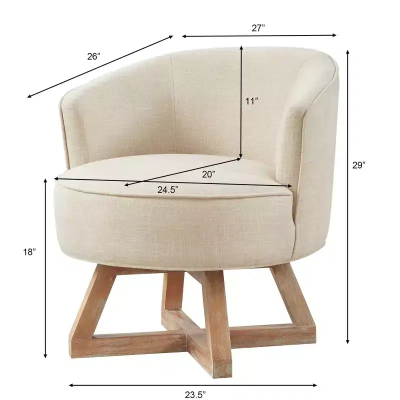 Fauteuil pivotant à 360°, fauteuil de salon en lin avec piètement en bois en croix, fauteuil pour salon, chambre, bureau