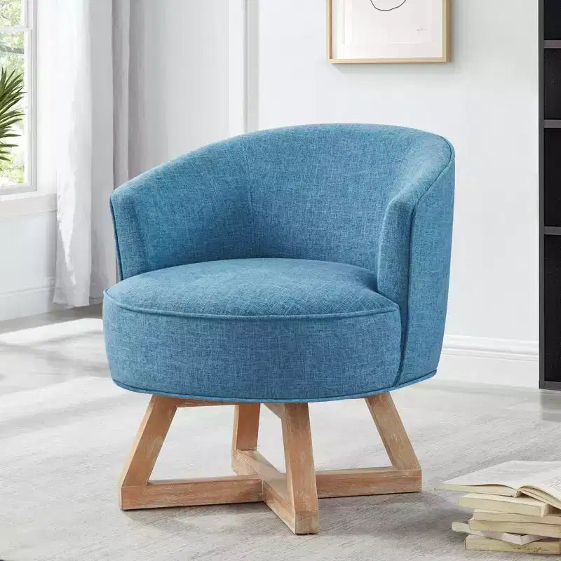 Fauteuil pivotant à 360°, fauteuil de salon en lin avec piètement en bois en croix, fauteuil pour salon, chambre, bureau