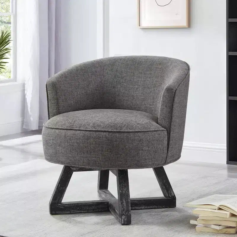 Fauteuil pivotant à 360°, fauteuil de salon en lin avec piètement en bois en croix, fauteuil pour salon, chambre, bureau