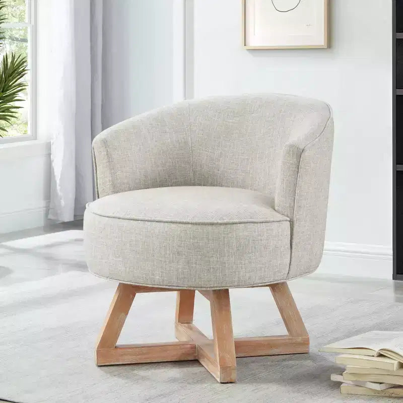 Fauteuil pivotant à 360°, fauteuil de salon en lin avec piètement en bois en croix, fauteuil pour salon, chambre, bureau
