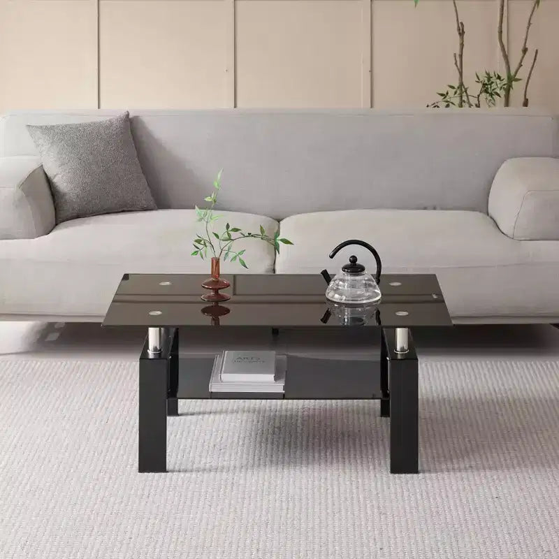 Tempered Black Glass Coffee Table, 2-Tier Modern Center Table for Living Room