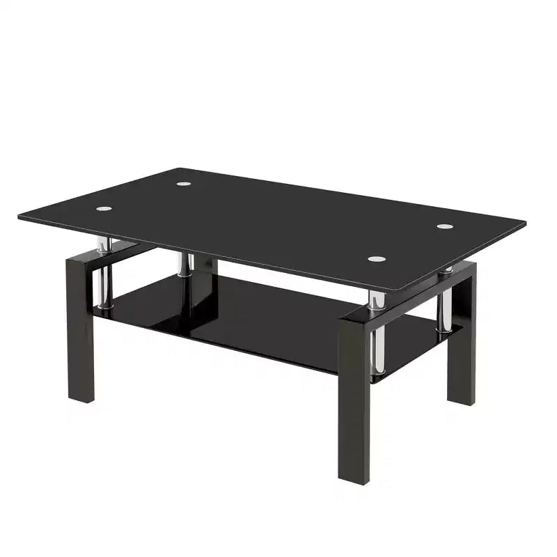 Table basse en verre trempé noir, table de salon moderne à 2 niveaux