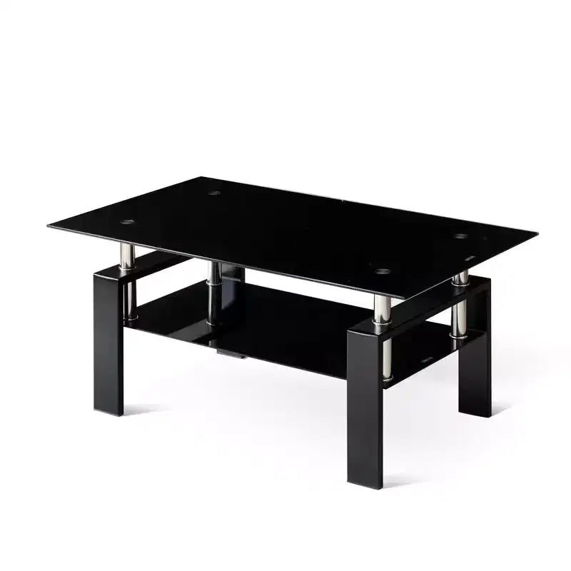 Table basse en verre trempé noir, table de salon moderne à 2 niveaux
