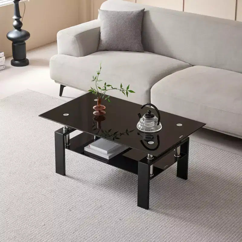 Table basse en verre trempé noir, table de salon moderne à 2 niveaux