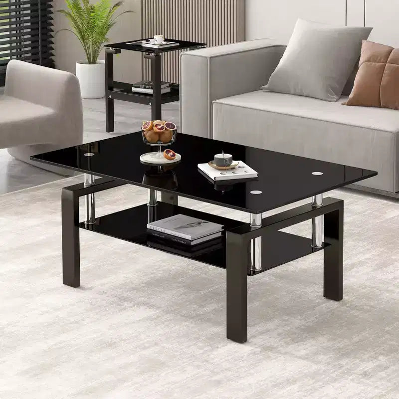 Table basse en verre trempé noir, table de salon moderne à 2 niveaux
