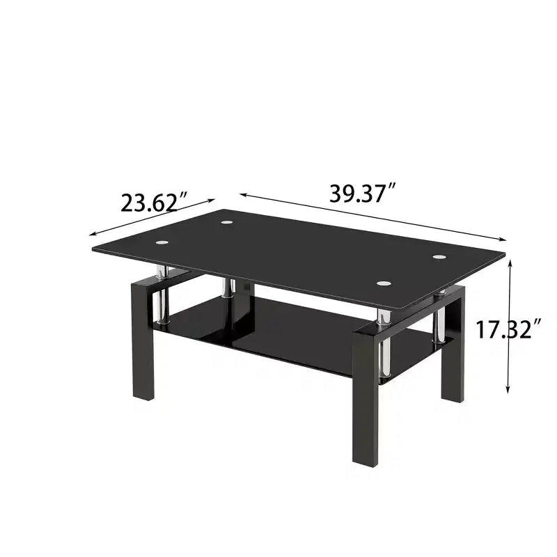 Table basse en verre trempé noir, table de salon moderne à 2 niveaux