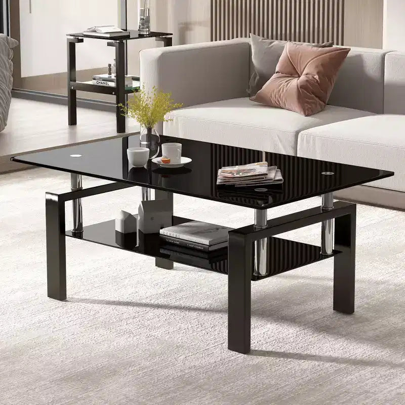 Table basse en verre trempé noir, table de salon moderne à 2 niveaux