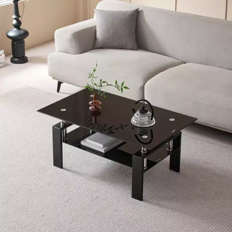 Table basse en verre trempé noir, table de salon moderne à 2 niveaux