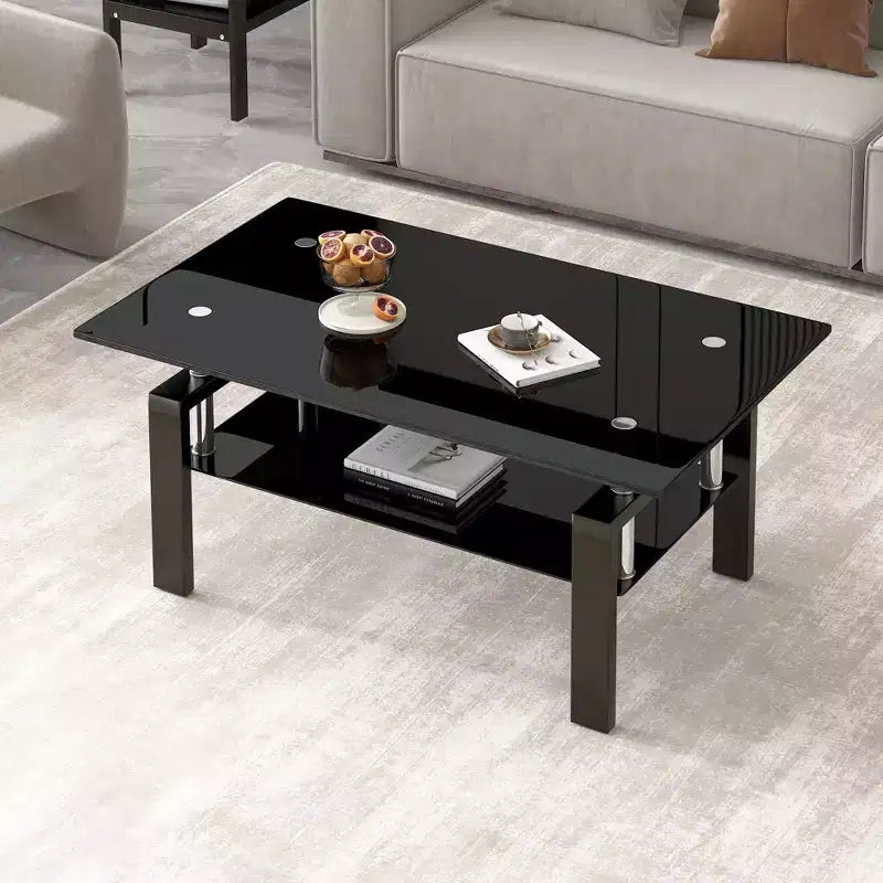 Table basse en verre trempé noir, table de salon moderne à 2 niveaux