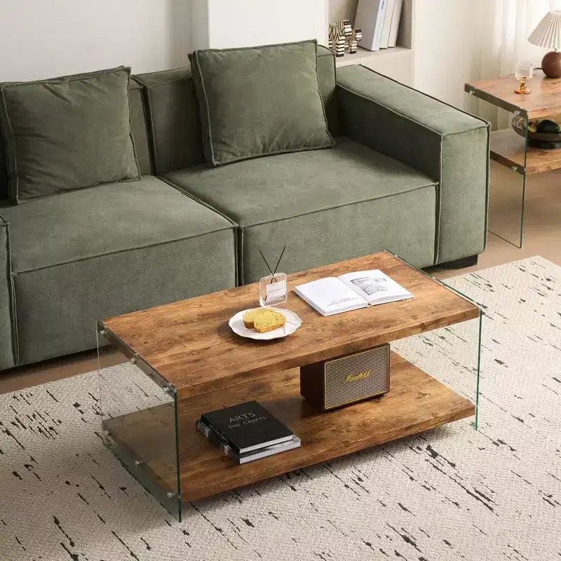 Table basse en MDF noyer avec plateau en verre trempé, table d'appoint moderne pour salon
