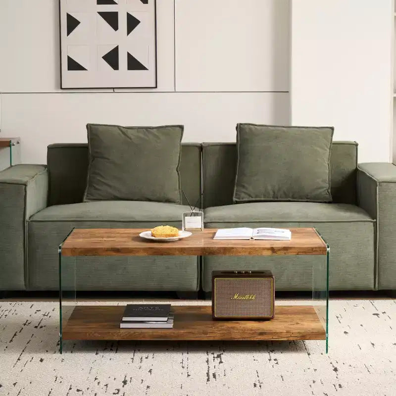 Table basse en MDF noyer avec plateau en verre trempé, table d'appoint moderne pour salon