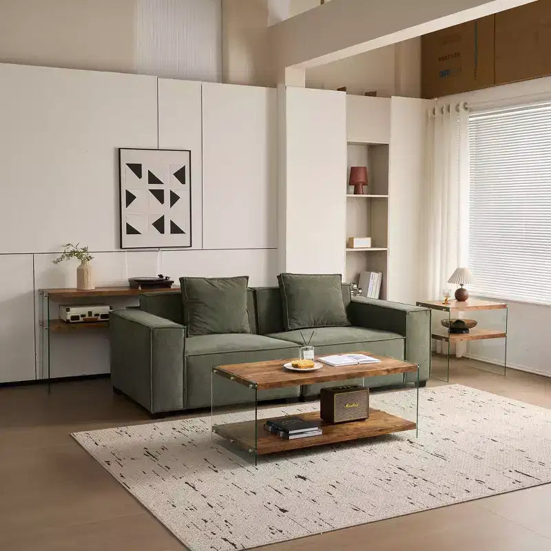 Table basse en MDF noyer avec plateau en verre trempé, table d'appoint moderne pour salon