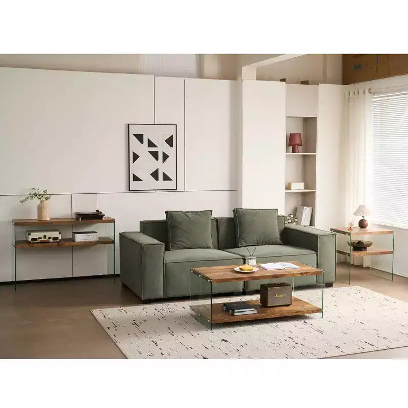 Table basse en MDF noyer avec plateau en verre trempé, table d'appoint moderne pour salon