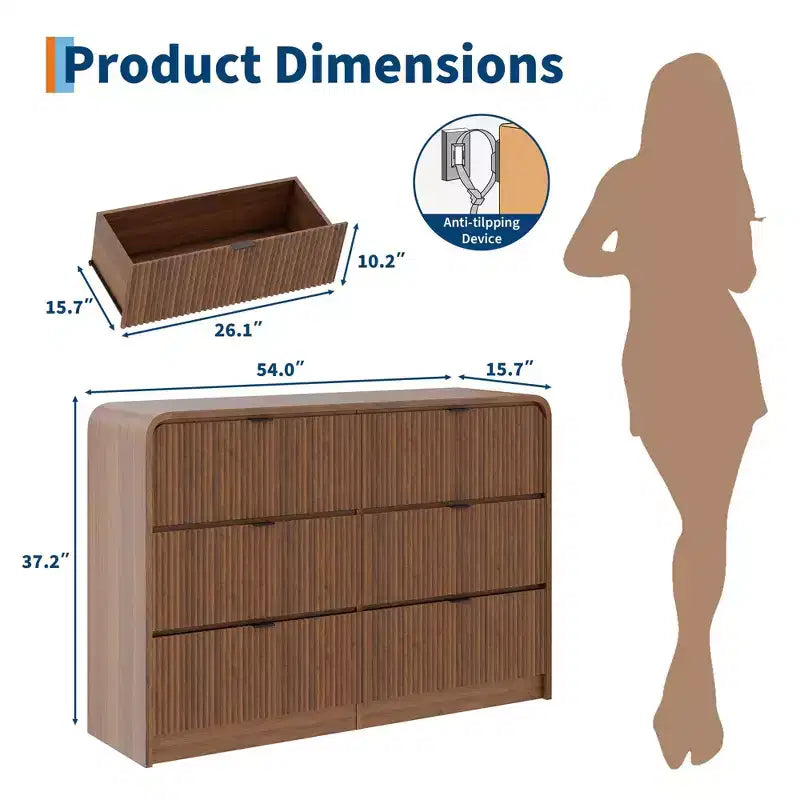 Commode à 5 tiroirs cannelés pour chambre à coucher, commode moderne de 120,9 cm de hauteur avec bords arrondis et poignées métalliques, organisateur de rangement en bois pour salon