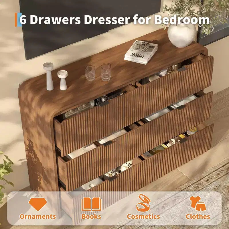 Commode à 5 tiroirs cannelés pour chambre à coucher, commode moderne de 120,9 cm de hauteur avec bords arrondis et poignées métalliques, organisateur de rangement en bois pour salon