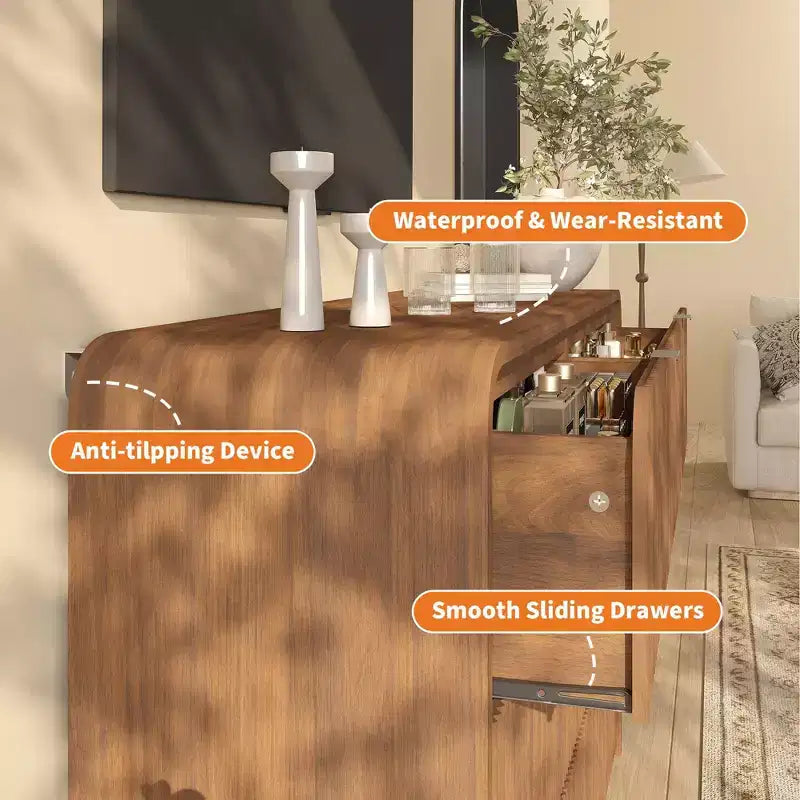 Commode à 5 tiroirs cannelés pour chambre à coucher, commode moderne de 120,9 cm de hauteur avec bords arrondis et poignées métalliques, organisateur de rangement en bois pour salon