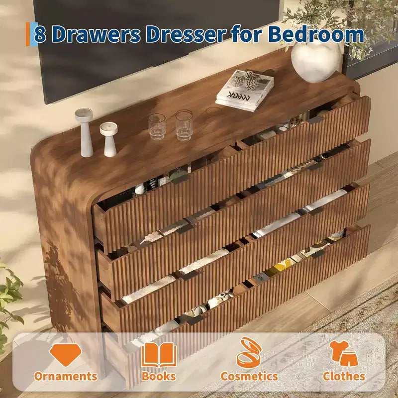 Commode à 5 tiroirs cannelés pour chambre à coucher, commode moderne de 120,9 cm de hauteur avec bords arrondis et poignées métalliques, organisateur de rangement en bois pour salon