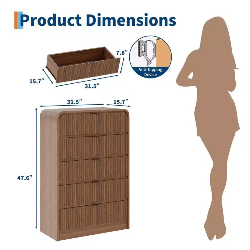Commode à 5 tiroirs cannelés pour chambre à coucher, commode moderne de 120,9 cm de hauteur avec bords arrondis et poignées métalliques, organisateur de rangement en bois pour salon