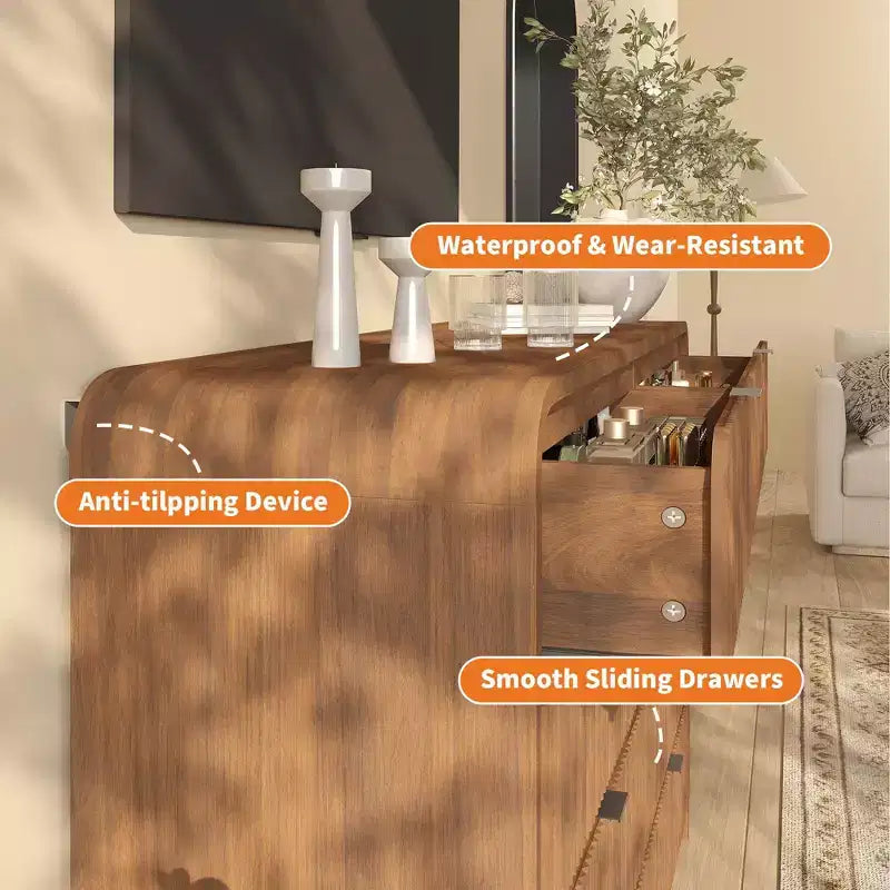 Commode à 5 tiroirs cannelés pour chambre à coucher, commode moderne de 120,9 cm de hauteur avec bords arrondis et poignées métalliques, organisateur de rangement en bois pour salon