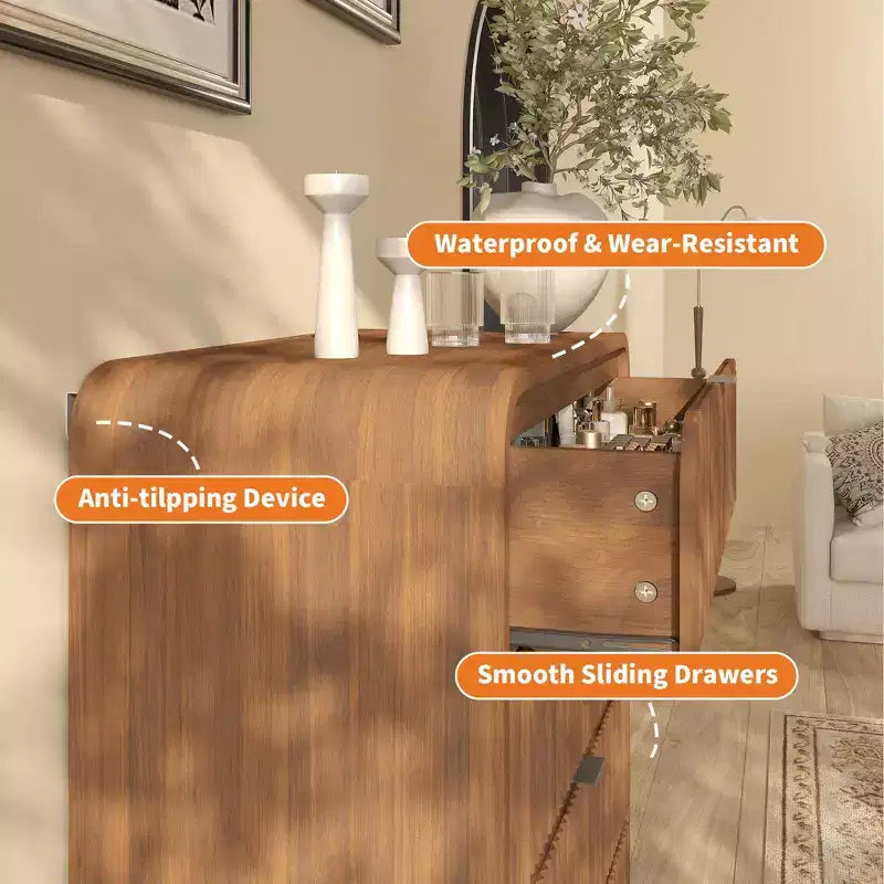 Commode à 5 tiroirs cannelés pour chambre à coucher, commode moderne de 120,9 cm de hauteur avec bords arrondis et poignées métalliques, organisateur de rangement en bois pour salon