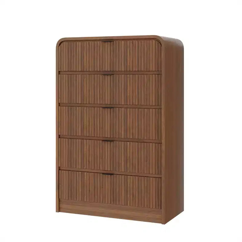 Commode à 5 tiroirs cannelés pour chambre à coucher, commode moderne de 120,9 cm de hauteur avec bords arrondis et poignées métalliques, organisateur de rangement en bois pour salon