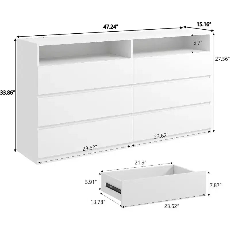 Commode Double 6 Tiroirs avec Prise Électrique et Lumières LED, Grande Commode de Rangement avec Étagères Ouvertes, Noire