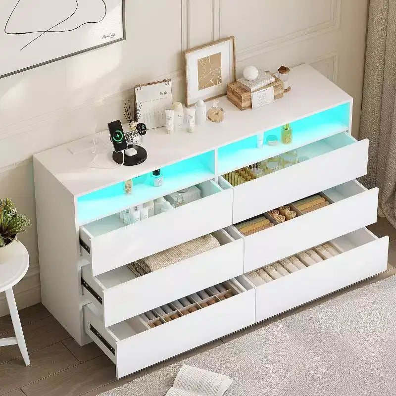 Commode Double 6 Tiroirs avec Prise Électrique et Lumières LED, Grande Commode de Rangement avec Étagères Ouvertes, Noire