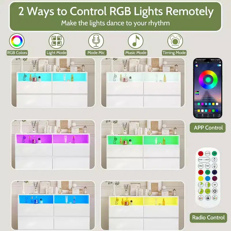Commode Double 6 Tiroirs avec Prise Électrique et Lumières LED, Grande Commode de Rangement avec Étagères Ouvertes, Noire